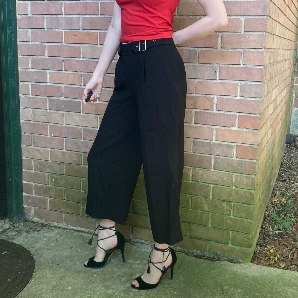 WHBM Wide Leg Buckle Crop Pants, Black, 00P